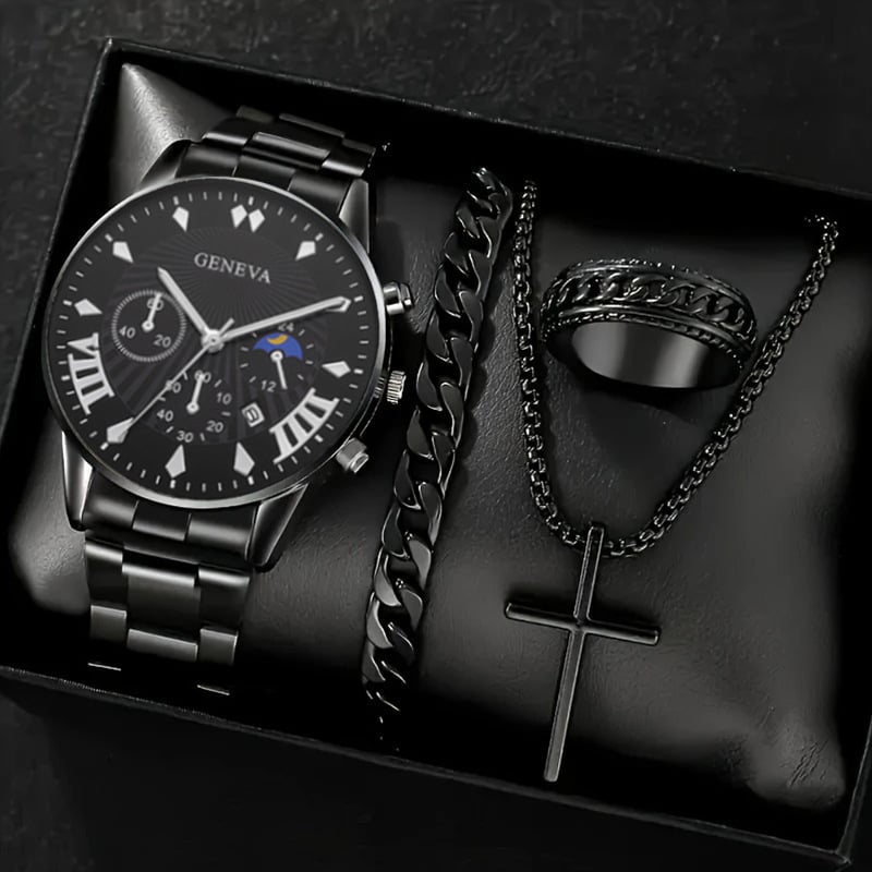 Luxury Men's Watch Gift Set with Glass Case and Quartz Movement