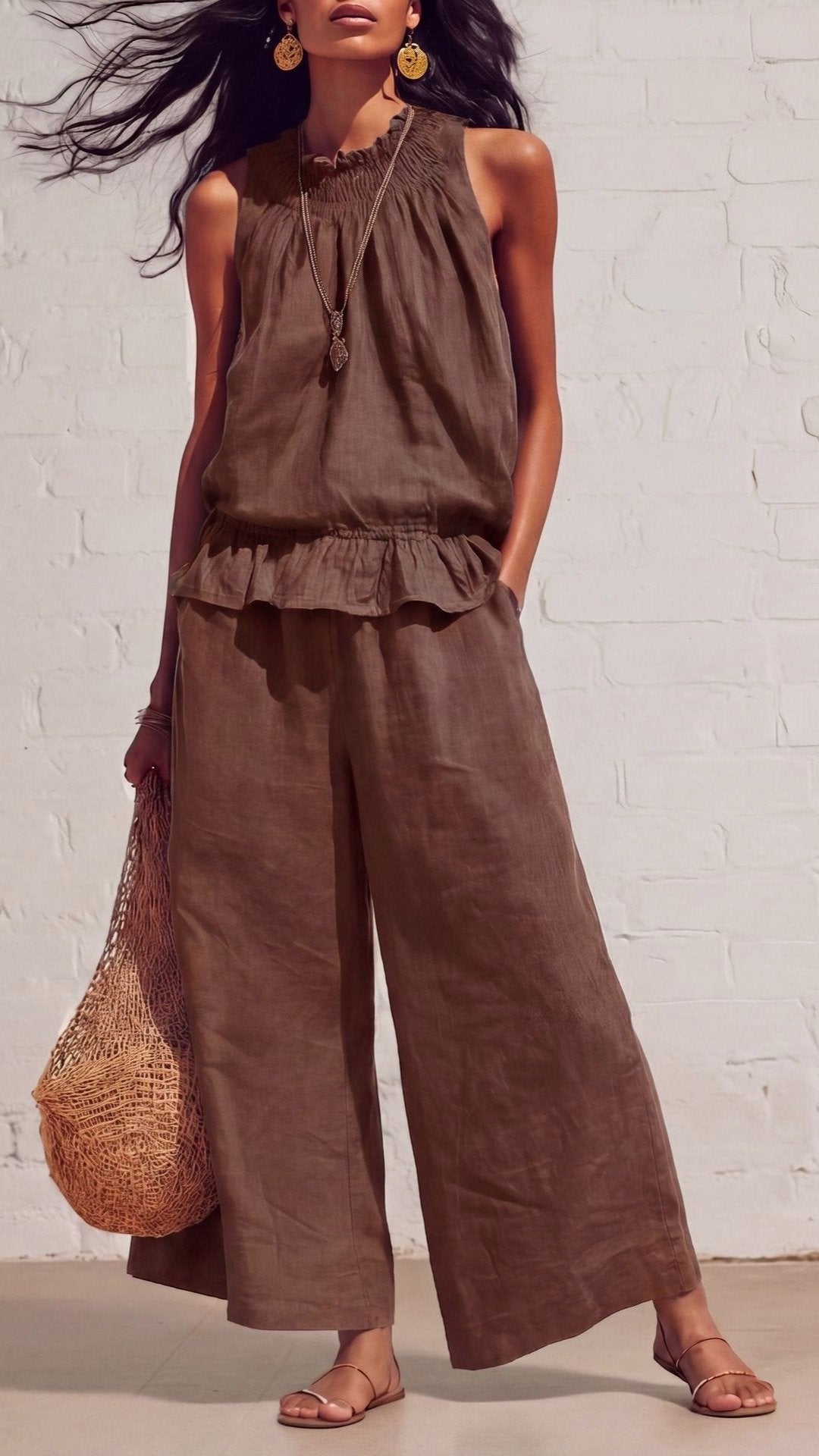 🌾 THE COTTON LINEN BOHO DUO: RUFFLED TOP + WIDE LEG PANTS — YOUR MOST COMFORTABLE SUMMER SET 🌾