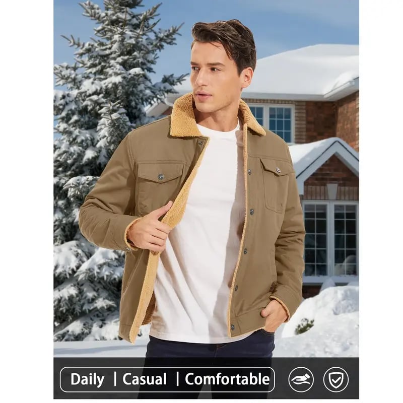 Winter Sherpa Lined Jacket ❄️ Men's Warm Trucker Coat with Multi Pockets, Casual Collared Cotton Fleece Outerwear