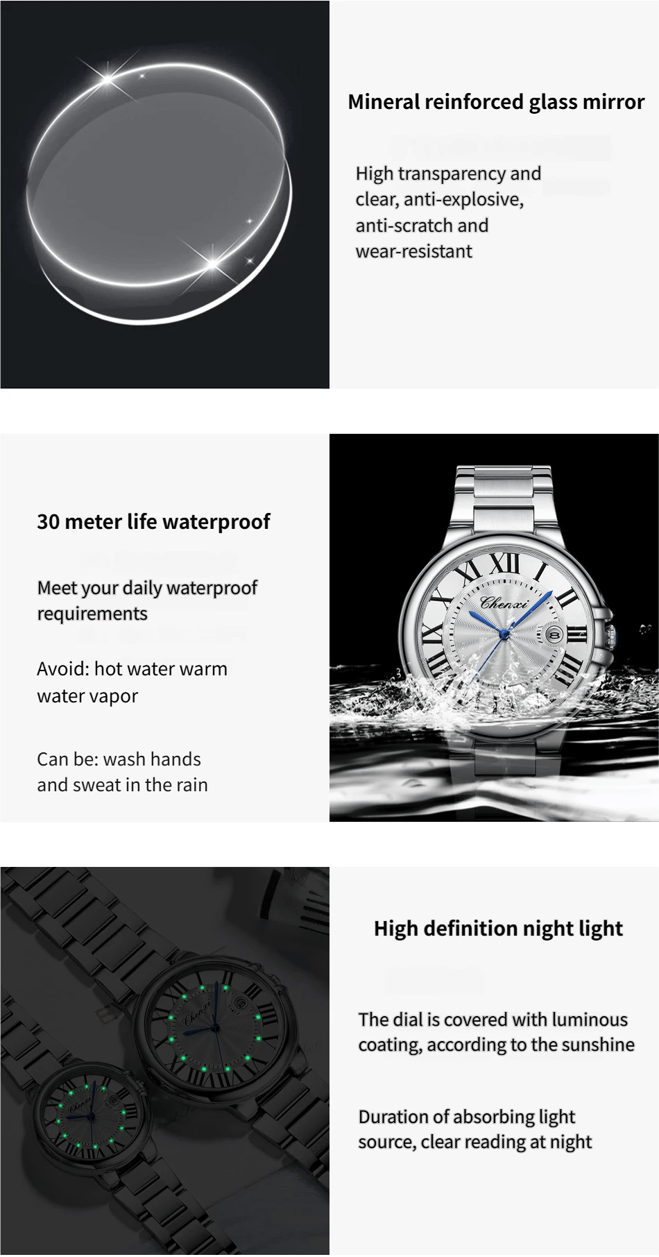 Calendar Blue-Handed Steel Bracelet Watch Water-Resistant Timepiece