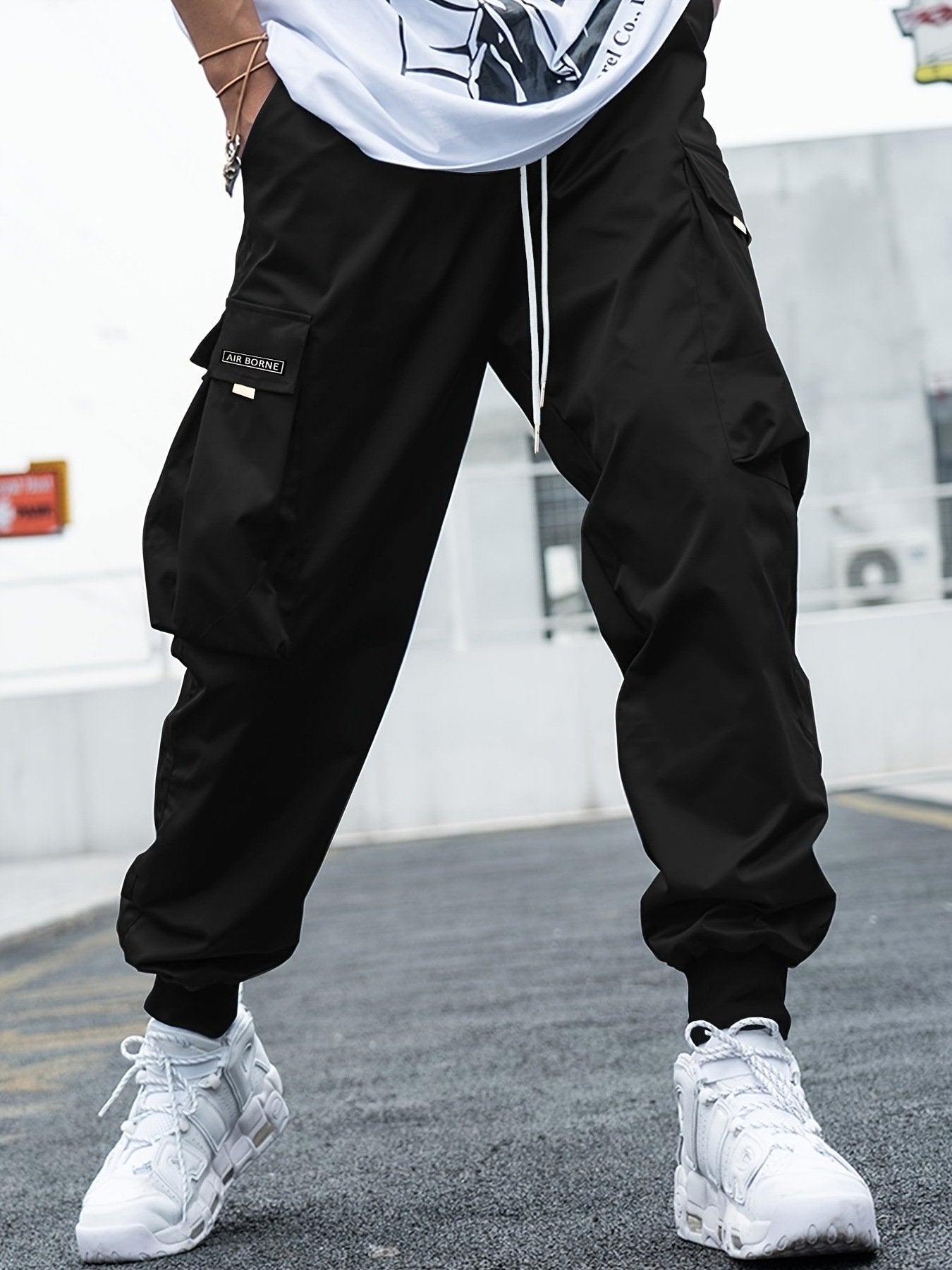 Men's Letter Patch Cargo Pants - Loose Fit Drawstring Elastic Waist Trousers with Slant Pockets, Summer Casual Streetwear
