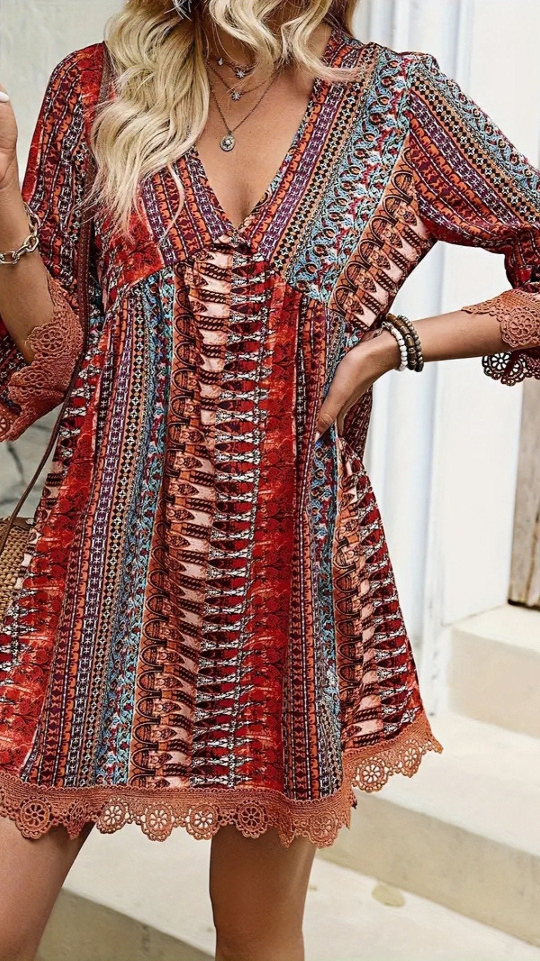 🌸 THE BOHEMIAN LACE TRIM DRESS: V‐NECK, LONG SLEEVES, ALL‐OVER PRINT — YOUR YEAR‐ROUND ESCAPE PIECE 🌸