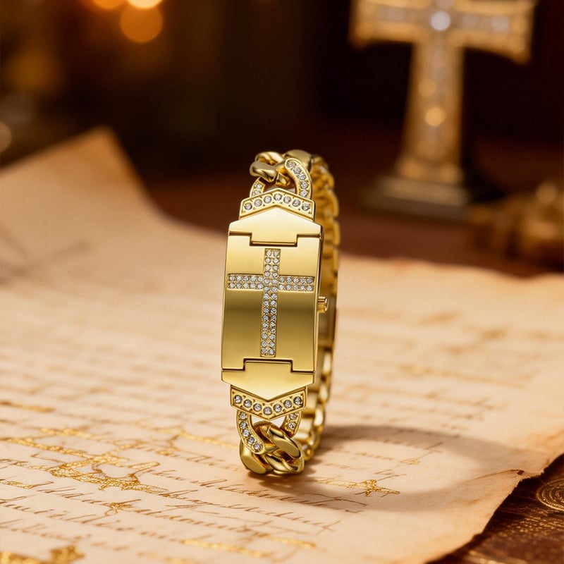 Women's Diamond-Set Cross-Shaped Flap-Style Gold Water-Resistant Wristwatch