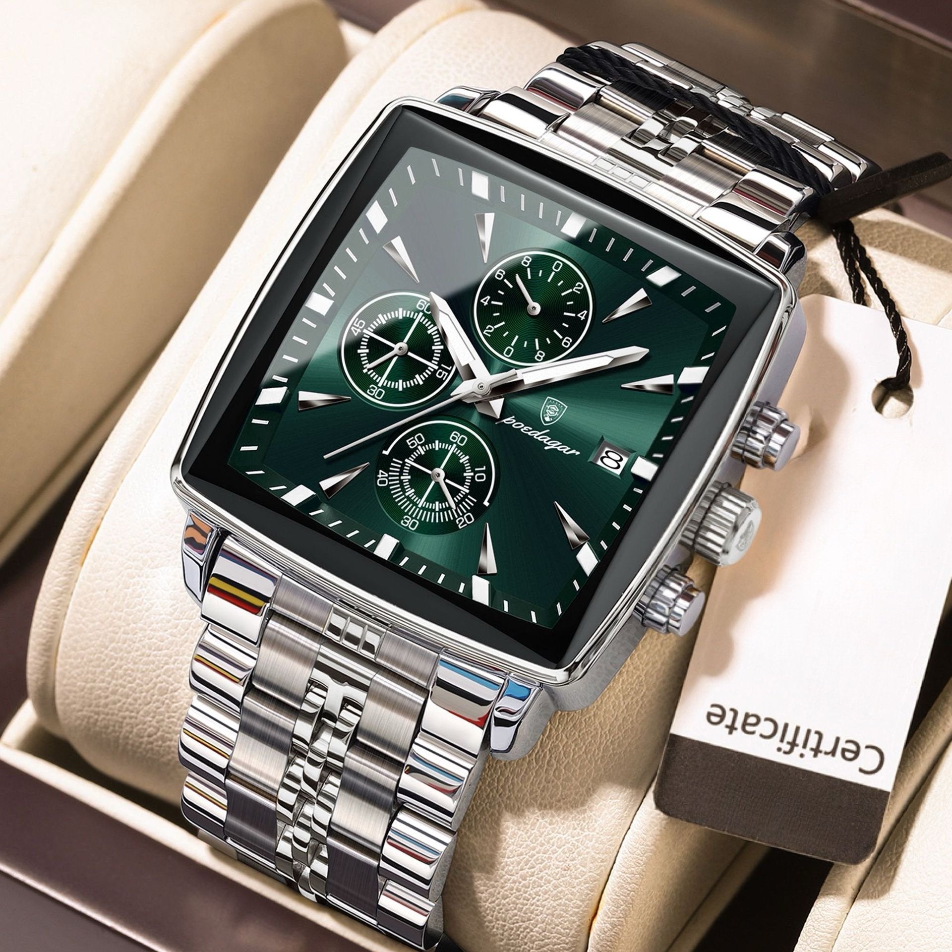 Men's Multifunctional Square Business Steel Band Quartz Watch