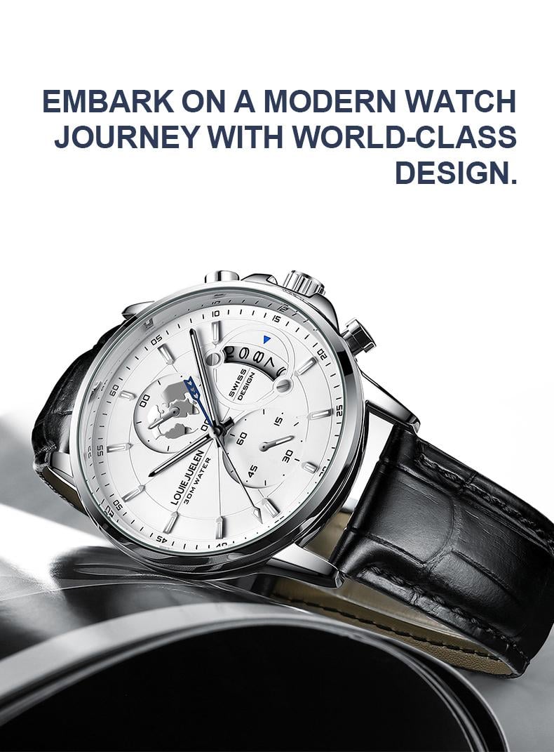 Elegant men's watch with globe design, 30m water resistant and luminous dial