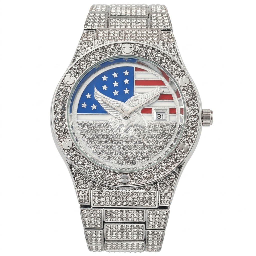 Men's Quartz Watch with Diamond-Set Stars and Stripes and Eagle Design