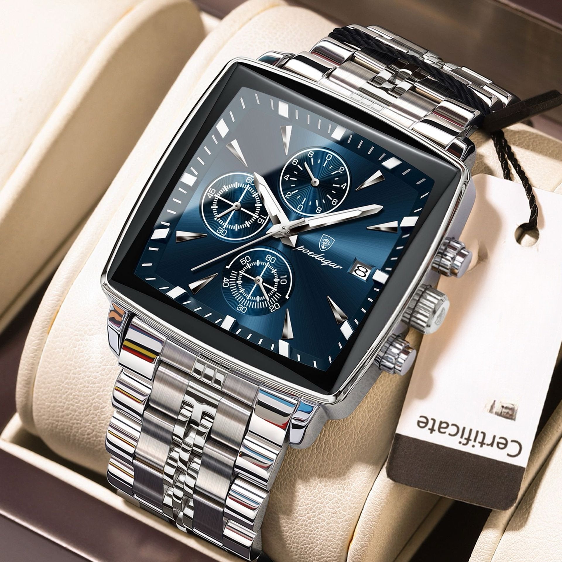 Men's Multifunctional Square Business Steel Band Quartz Watch
