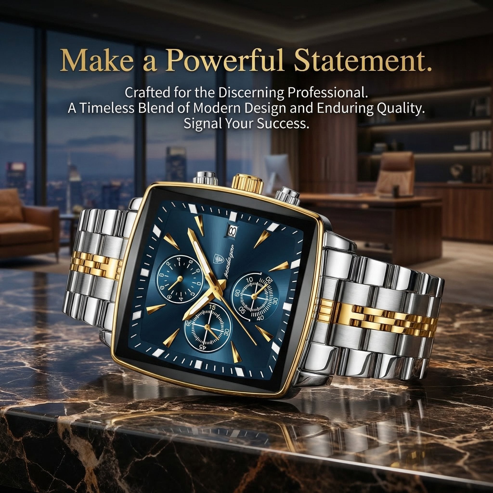Men's Multifunctional Square Business Steel Band Quartz Watch