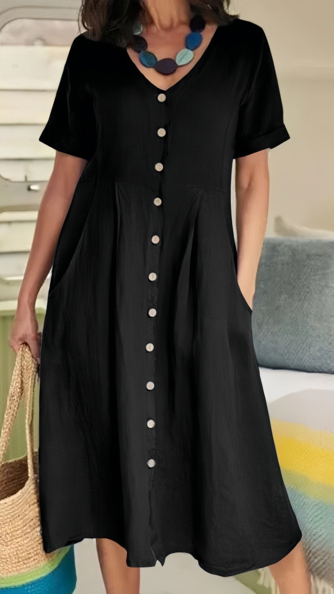🌿 THE LINEN BUTTON MIDI: V-NECK, POCKETS, RELAXED FIT— NOW IN PLUS SIZE S-5XL! ✨