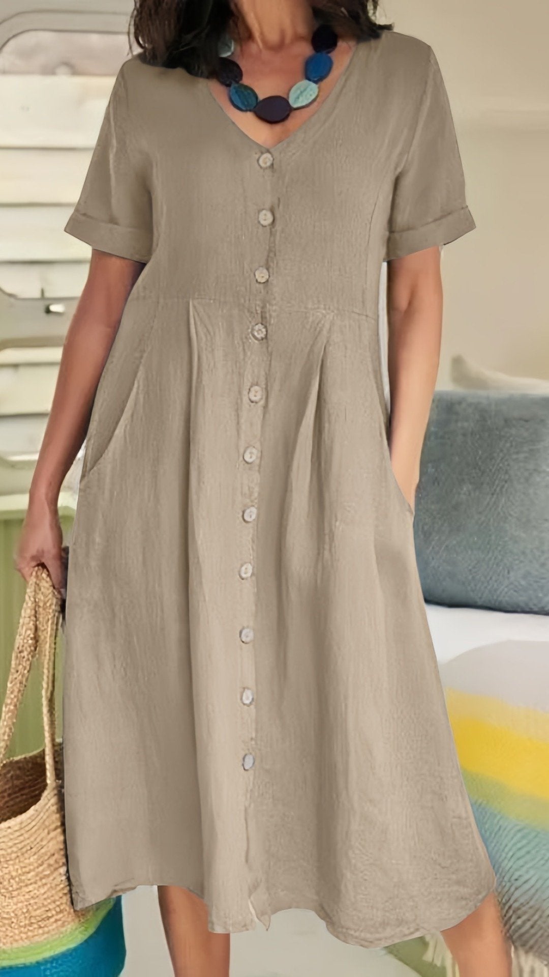 🌿 THE LINEN BUTTON MIDI: V-NECK, POCKETS, RELAXED FIT— NOW IN PLUS SIZE S-5XL! ✨