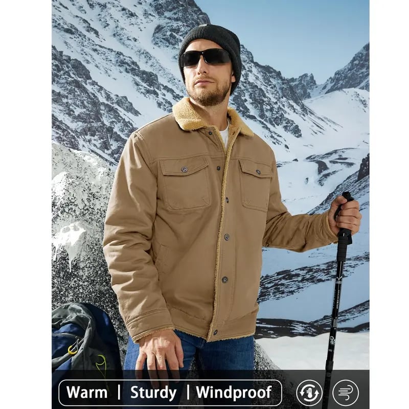 Winter Sherpa Lined Jacket ❄️ Men's Warm Trucker Coat with Multi Pockets, Casual Collared Cotton Fleece Outerwear
