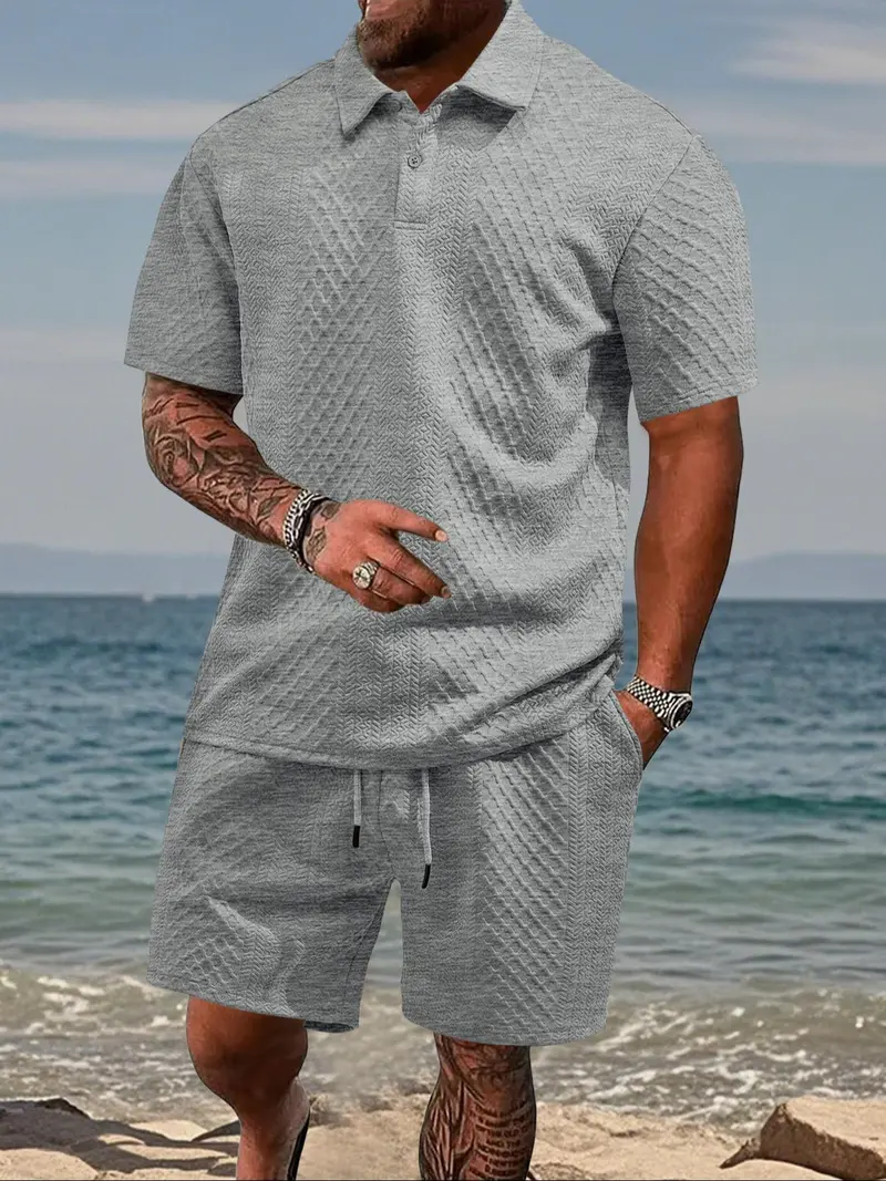 Men's Two-Piece Summer Outfit: Solid Polo & Drawstring Shorts, Cozy Breathable for Daily Wear---Buy 2 Get 15% Off & Free Shipping