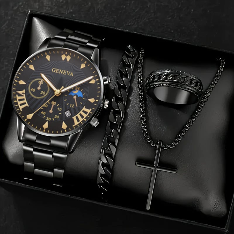 Luxury Men's Watch Gift Set with Glass Case and Quartz Movement