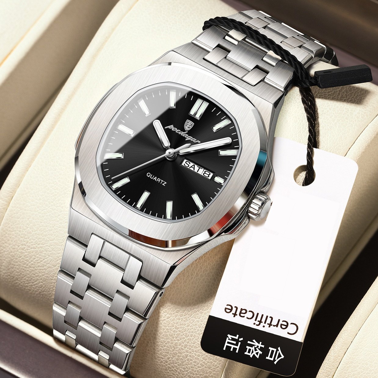 Square Quartz Watch with Water Resistance and Luminous Feature