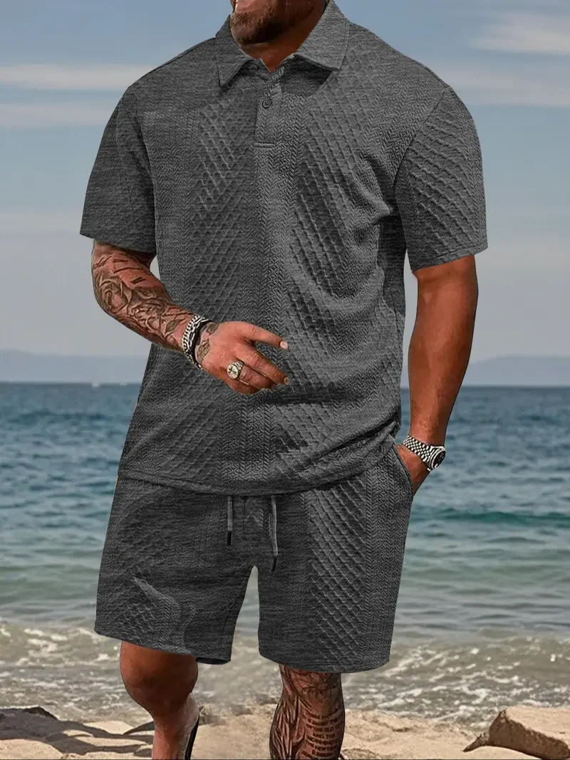 Men's Two-Piece Summer Outfit: Solid Polo & Drawstring Shorts, Cozy Breathable for Daily Wear---Buy 2 Get 15% Off & Free Shipping