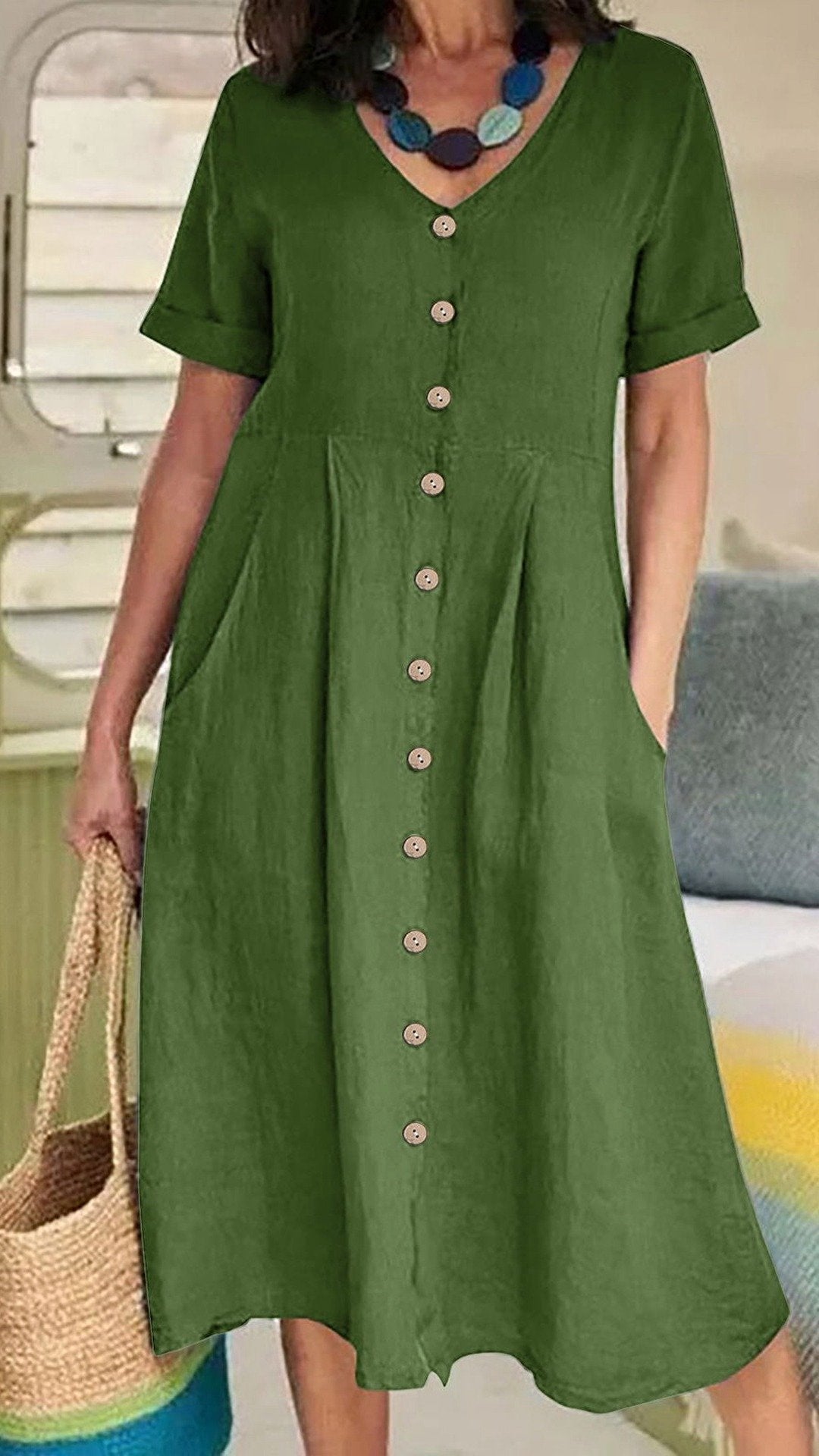🌿 THE LINEN BUTTON MIDI: V-NECK, POCKETS, RELAXED FIT— NOW IN PLUS SIZE S-5XL! ✨