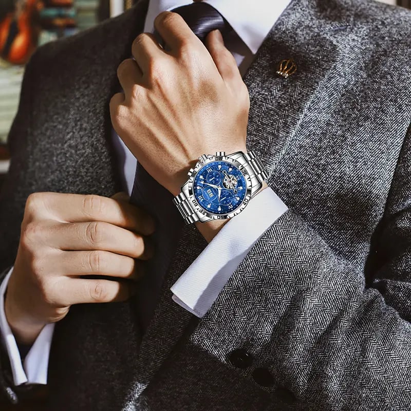 Luxury diamond-encrusted men's mechanical watch with Swiss-made movement, dual calendar, luminous and waterproof.