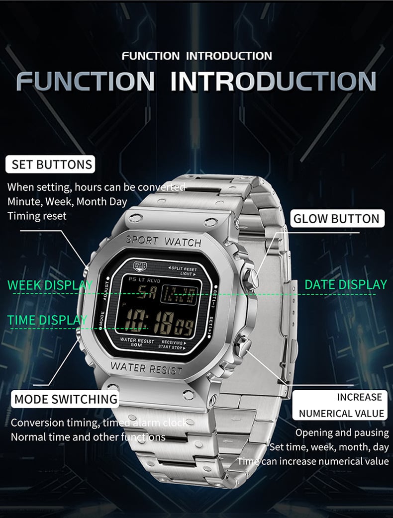 Multifunctional Square Waterproof Digital Watch