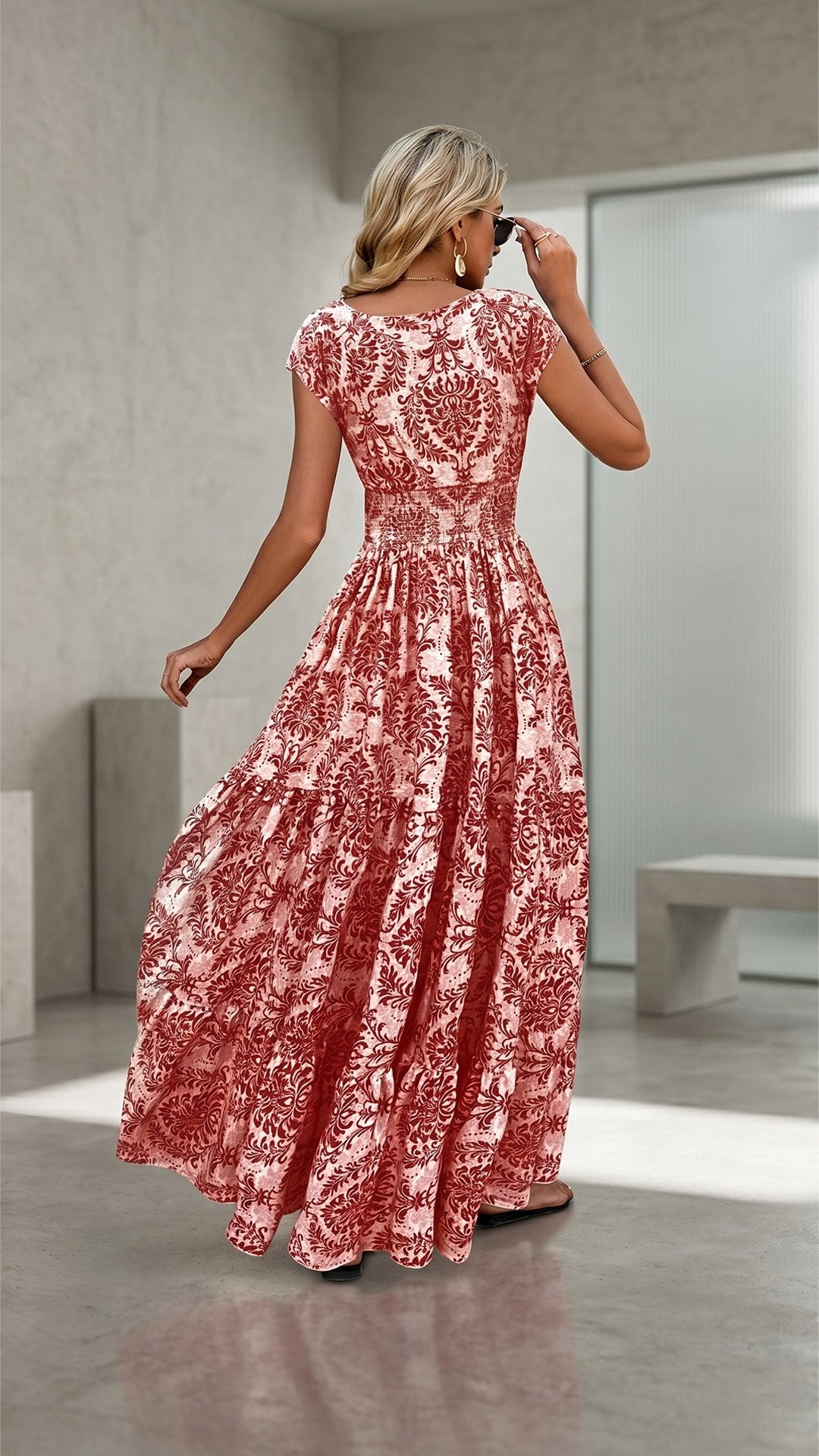 🌸 THE BOHEMIAN BLOOM MAXI: V-NECK, SHIRRED WAIST, ALL-OVER PRINT — YOUR SUMMER HOLIDAY DREAM DRESS 🌸