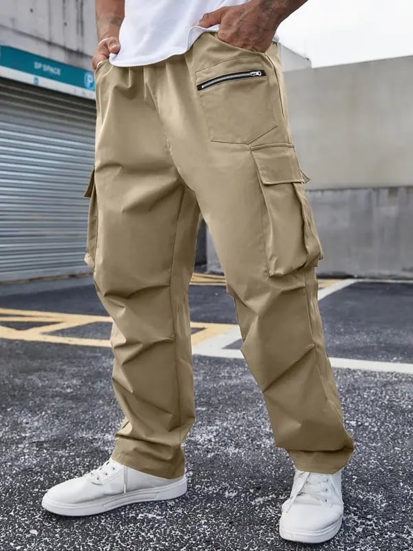 Men's Drawstring Cargo Pants ➰ Relaxed Fit Streetwear🔥Multi-Pocket Casual Trousers 🚶 Zipper Detail Straight Bottoms