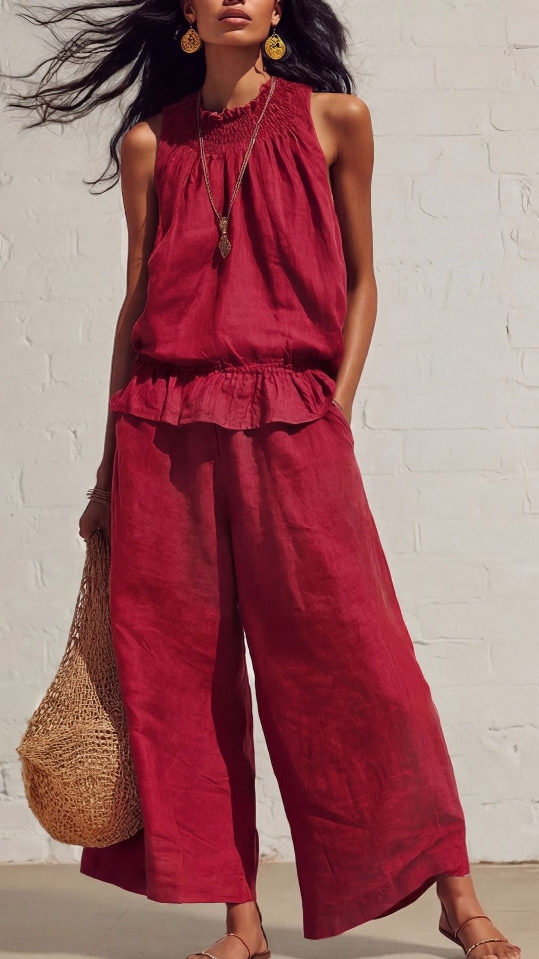 🌾 THE COTTON LINEN BOHO DUO: RUFFLED TOP + WIDE LEG PANTS — YOUR MOST COMFORTABLE SUMMER SET 🌾