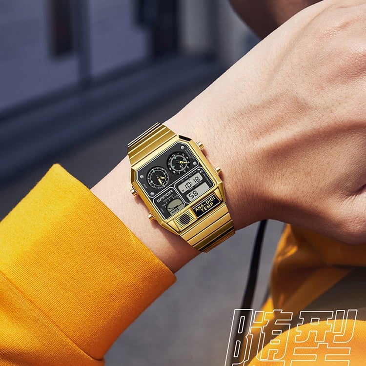 Multifunctional Men's Retro Square Waterproof Digital Watch with Thermometer and Timer