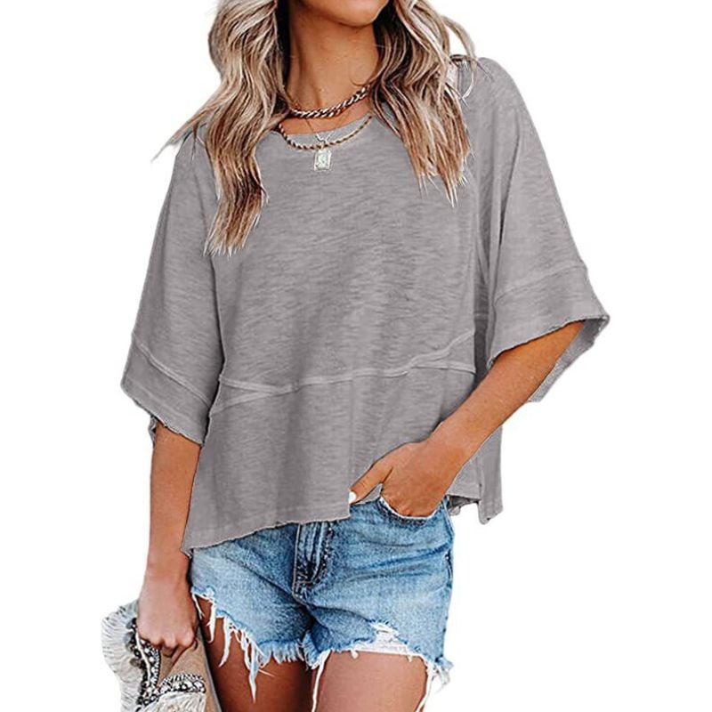 🤍 Women's Loose Fit Solid Color Crewneck Half Sleeve Casual Summer Top ✨