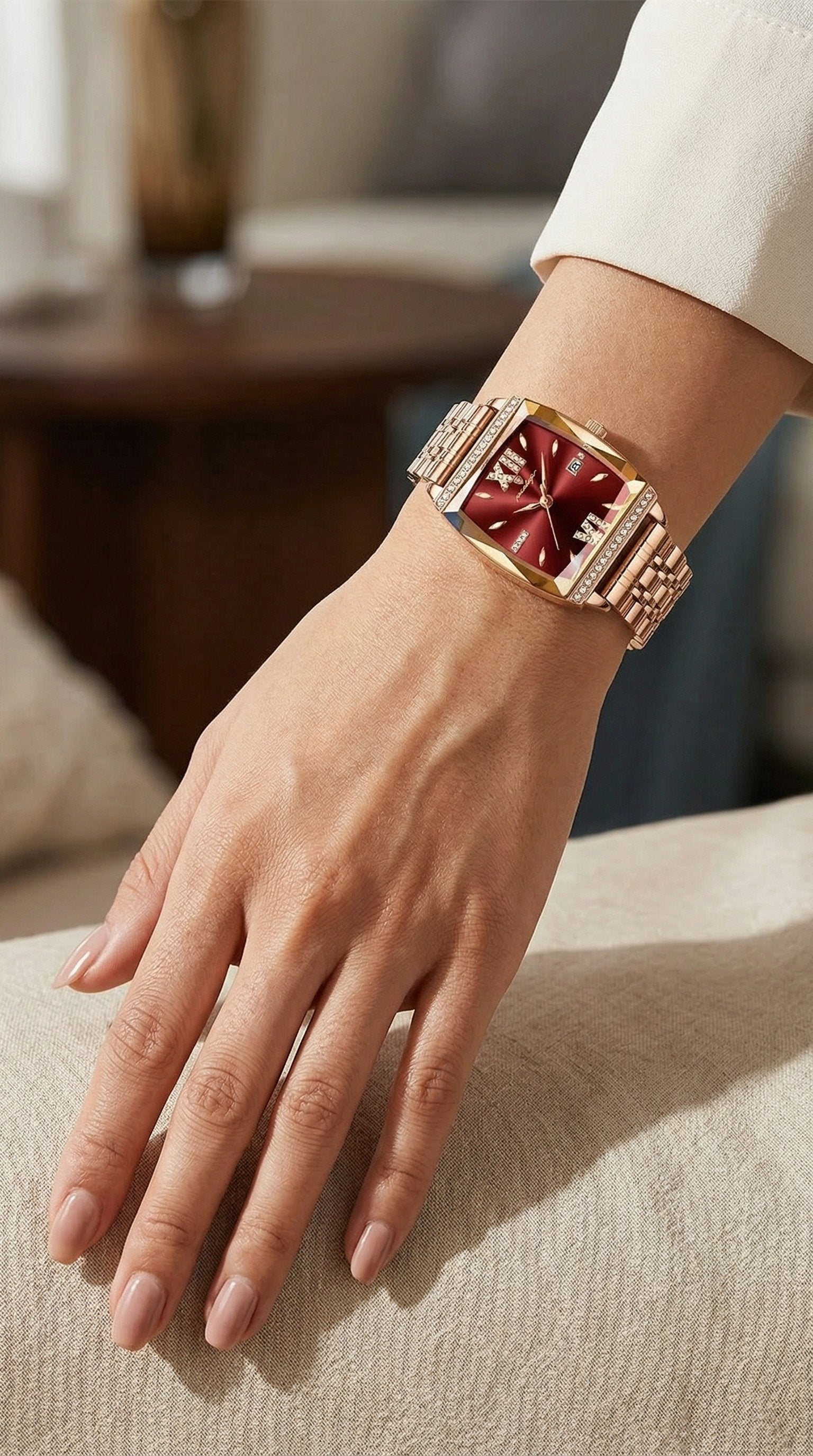 Diamond-set square ladies' water-resistant watch