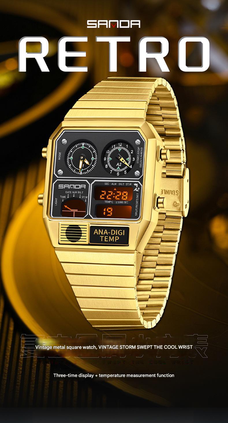 Multifunctional Men's Retro Square Waterproof Digital Watch with Thermometer and Timer