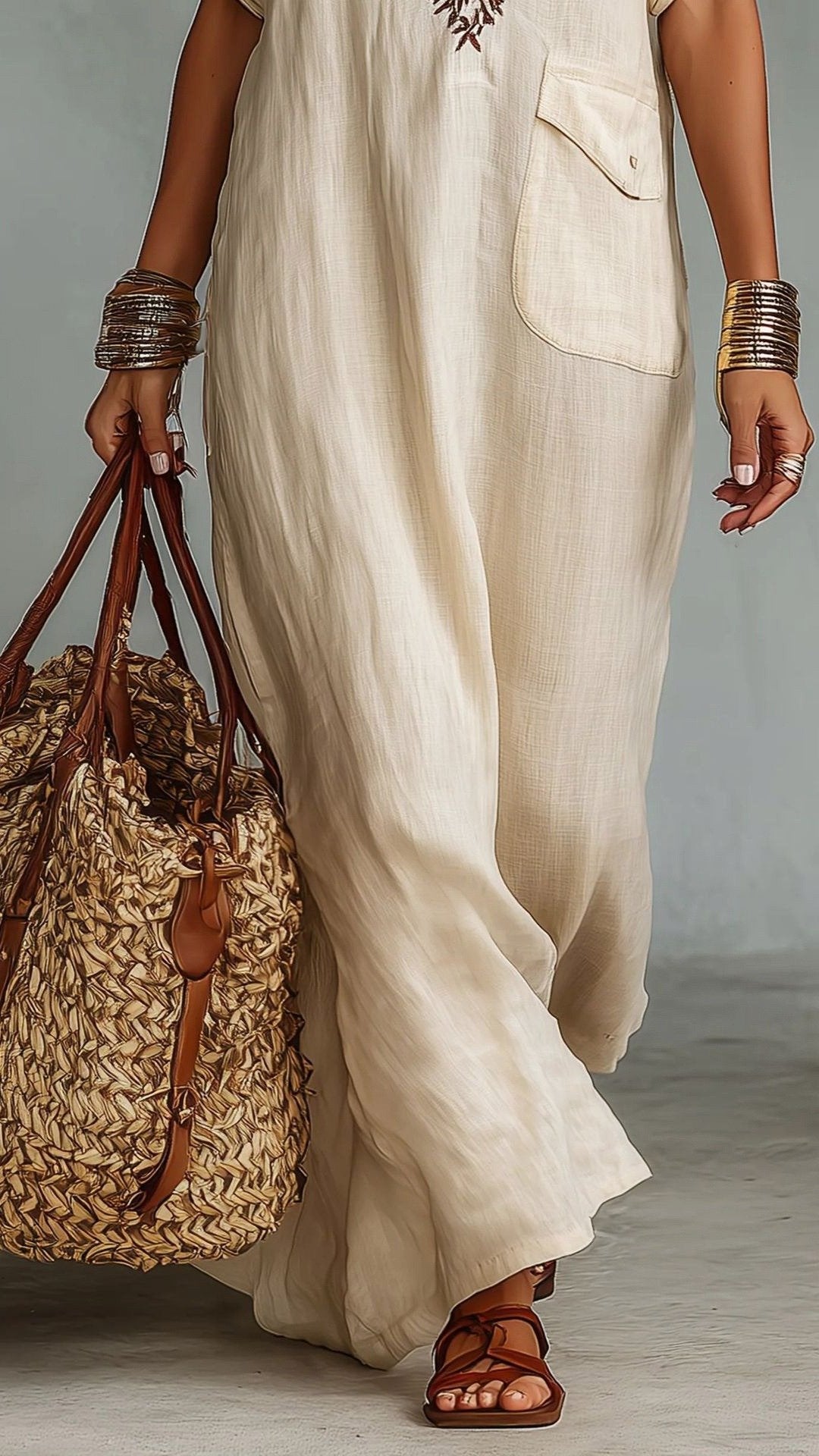 🌿 THE LINEN EMBROIDERY MAXI: V-NECK, POCKET, EFFORTLESS BOHO ELEGANCE 🌿