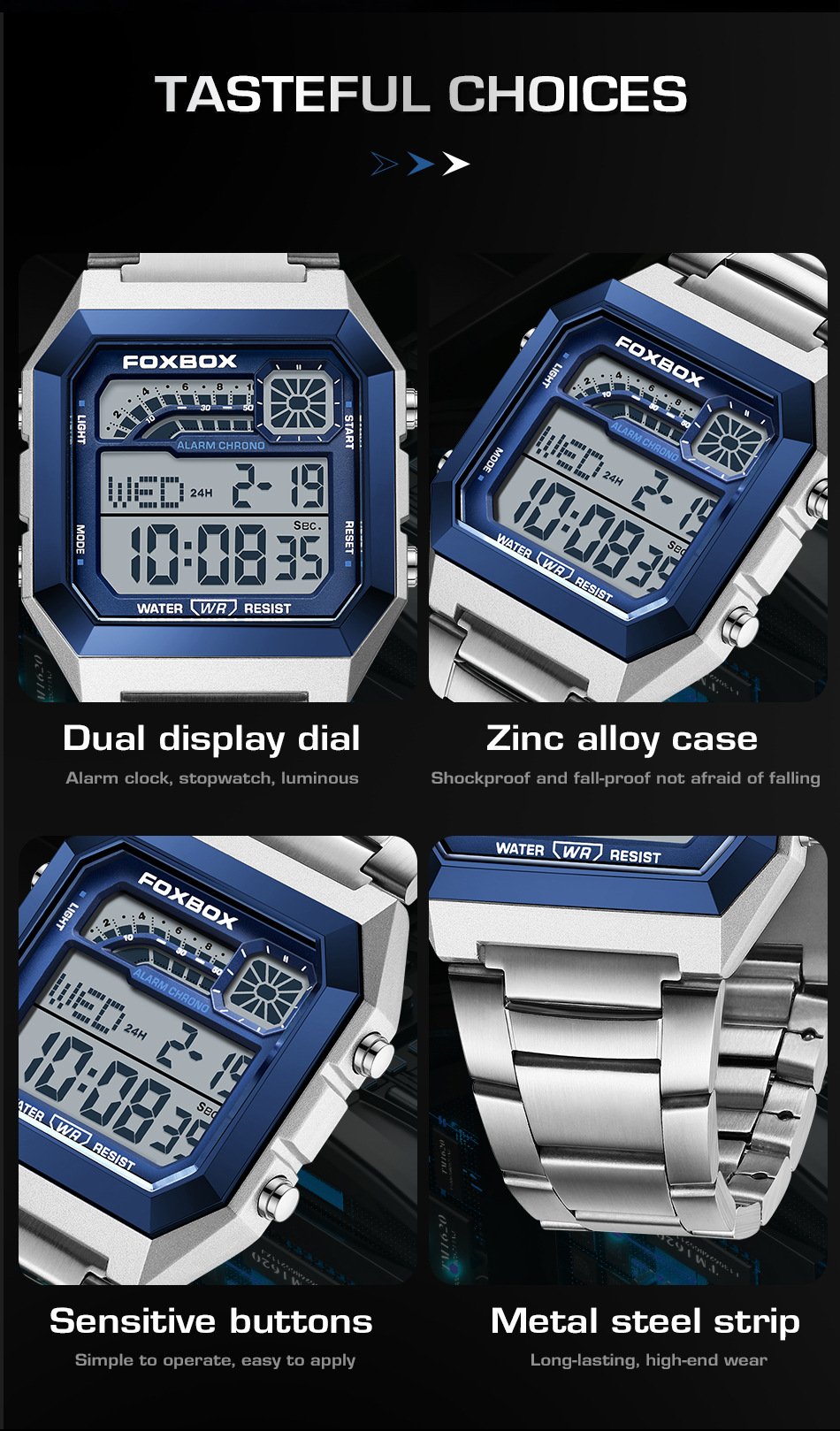 Square waterproof electronic watch for men and women