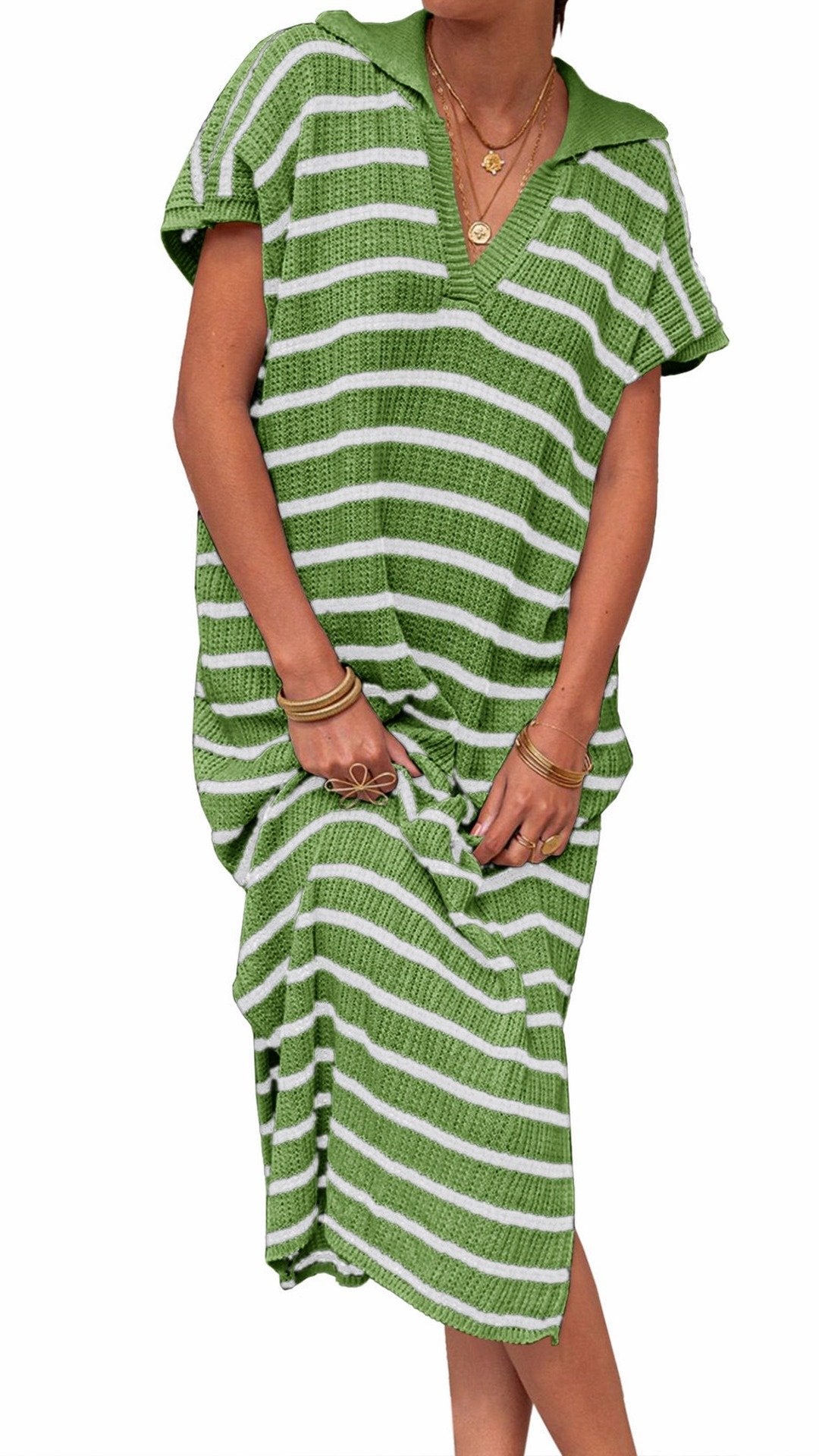 🌊 THE STRIPED KNIT COLLAR MAXI: SHORT SLEEVES, V-NECK, SIDE SLITS — EFFORTLESS SUMMER STYLE 🌊