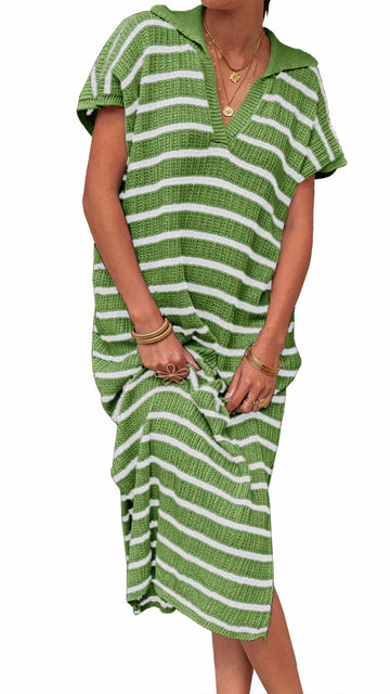 🌊 THE STRIPED KNIT COLLAR MAXI: SHORT SLEEVES, V-NECK, SIDE SLITS — EFFORTLESS SUMMER STYLE 🌊
