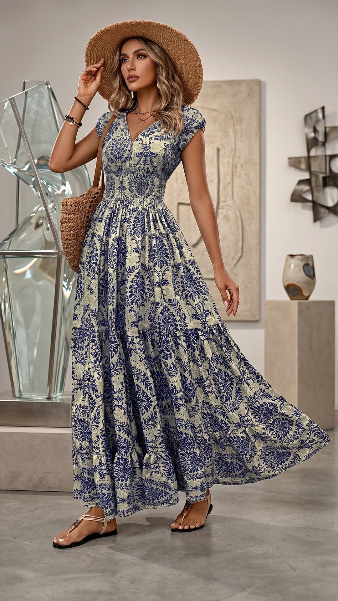 🌸 THE BOHEMIAN BLOOM MAXI: V-NECK, SHIRRED WAIST, ALL-OVER PRINT — YOUR SUMMER HOLIDAY DREAM DRESS 🌸