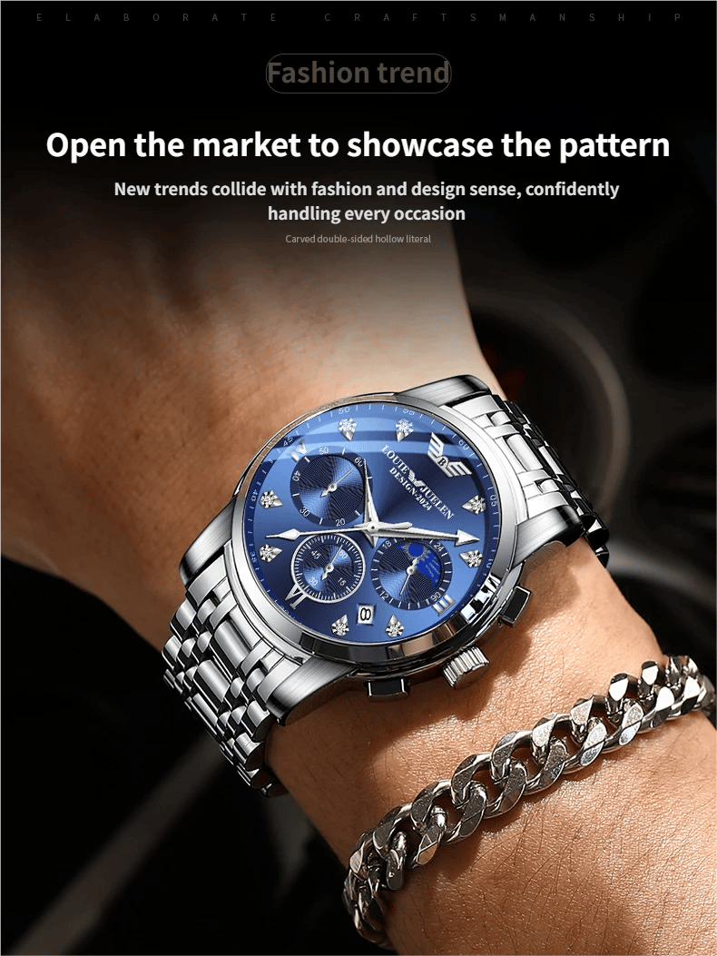 Men's luminous quartz watch with calendar, day, date, and moon phase display.