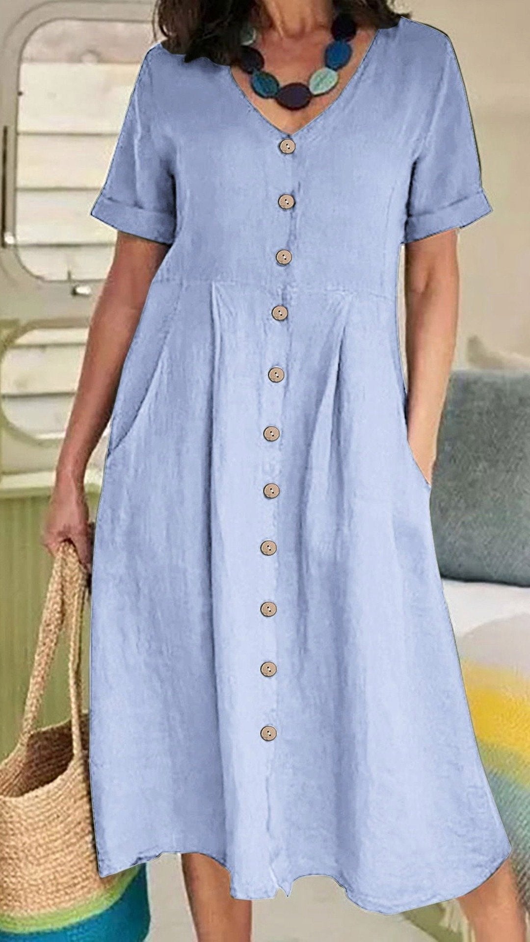 🌿 THE LINEN BUTTON MIDI: V-NECK, POCKETS, RELAXED FIT— NOW IN PLUS SIZE S-5XL! ✨