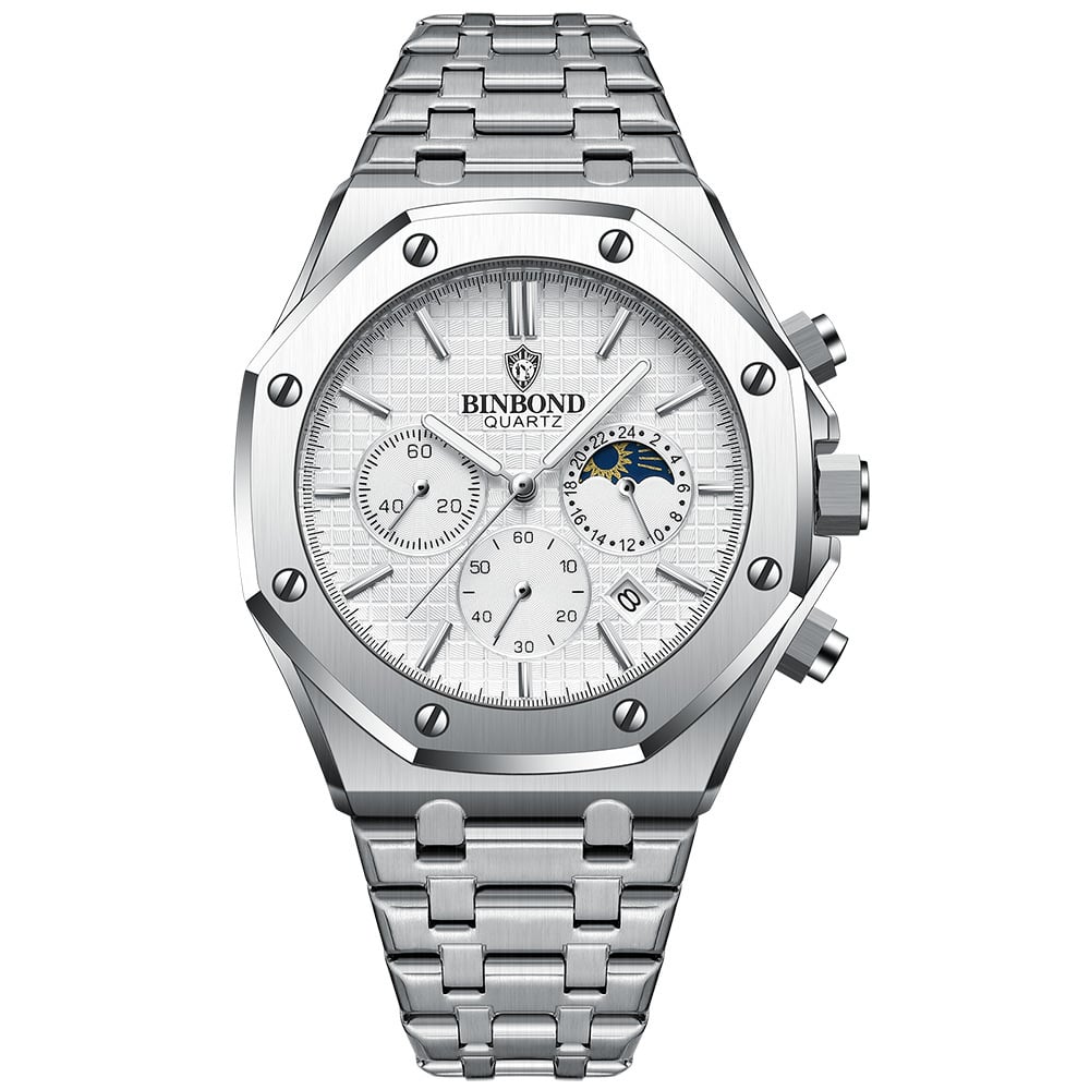 Three-Dial, Six-Hand Multifunction Moon Phase Men's Steel-Strap Watch