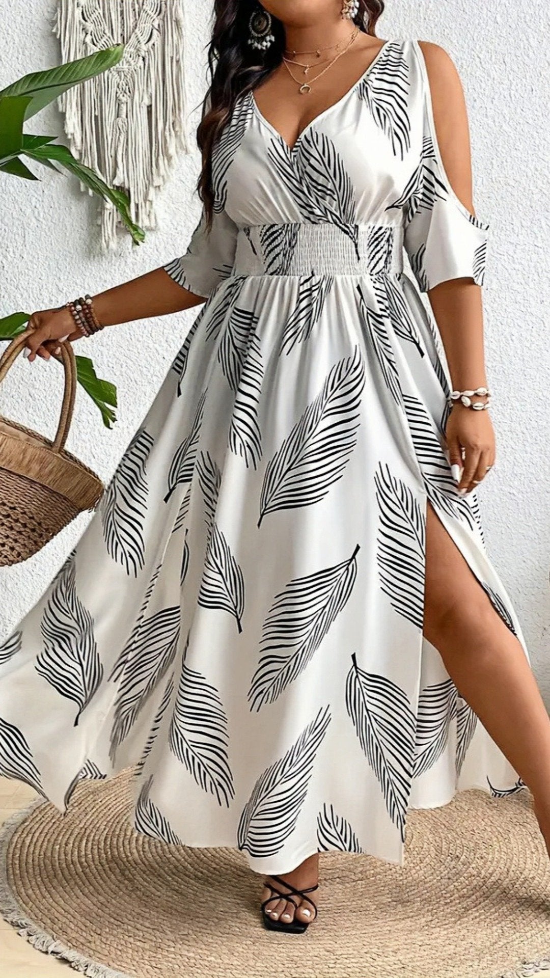 🌺 THE COLD SHOULDER MAXI: V-NECK, SIDE SPLIT, ALL-OVER PRINT — PLUS SIZE, PERFECTLY BOHO 🌺