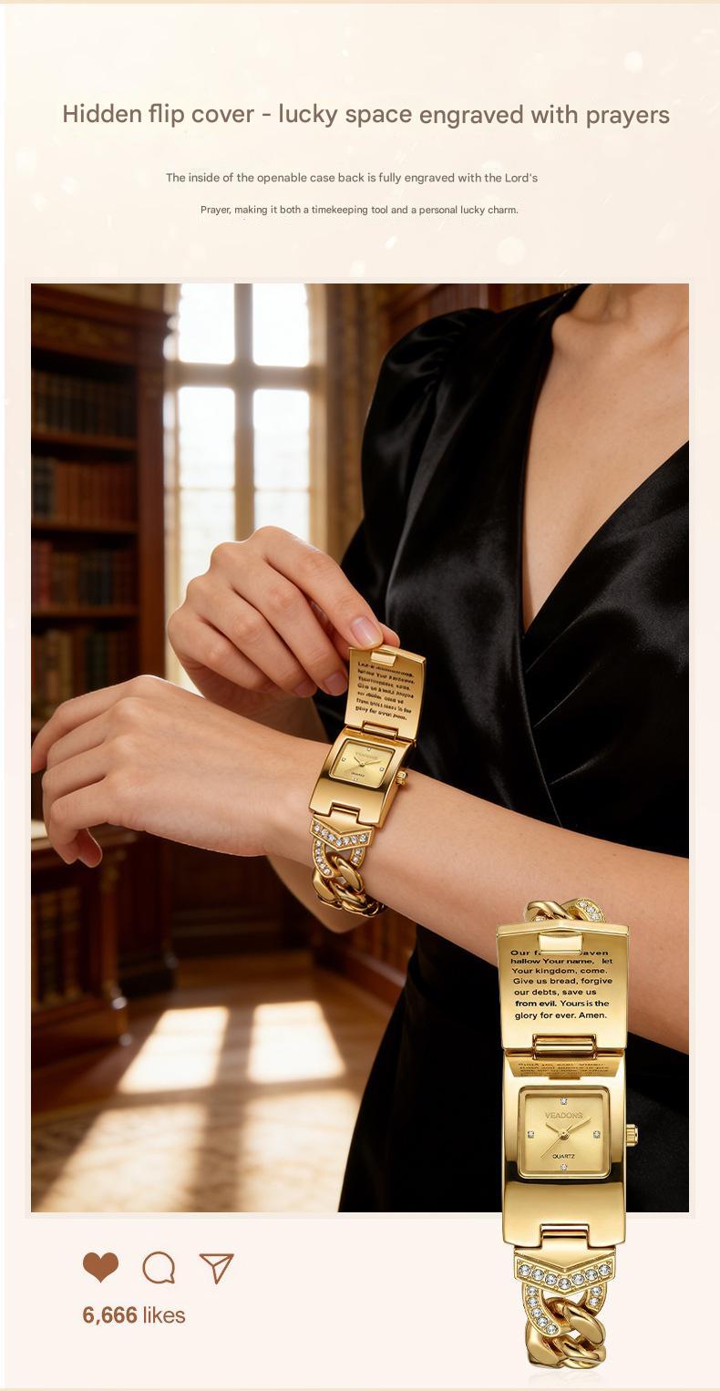 Women's Diamond-Set Cross-Shaped Flap-Style Gold Water-Resistant Wristwatch