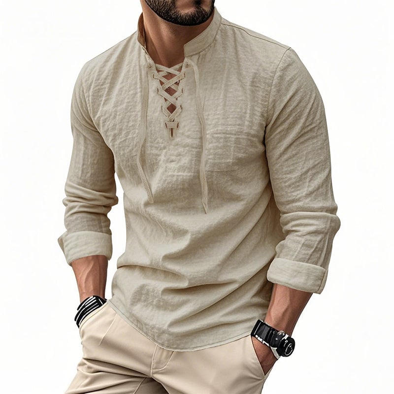 Men's Casual Drawstring Linen Shirt - Lightweight Breathable Long-Sleeve Design for Daily Wear & Vacation