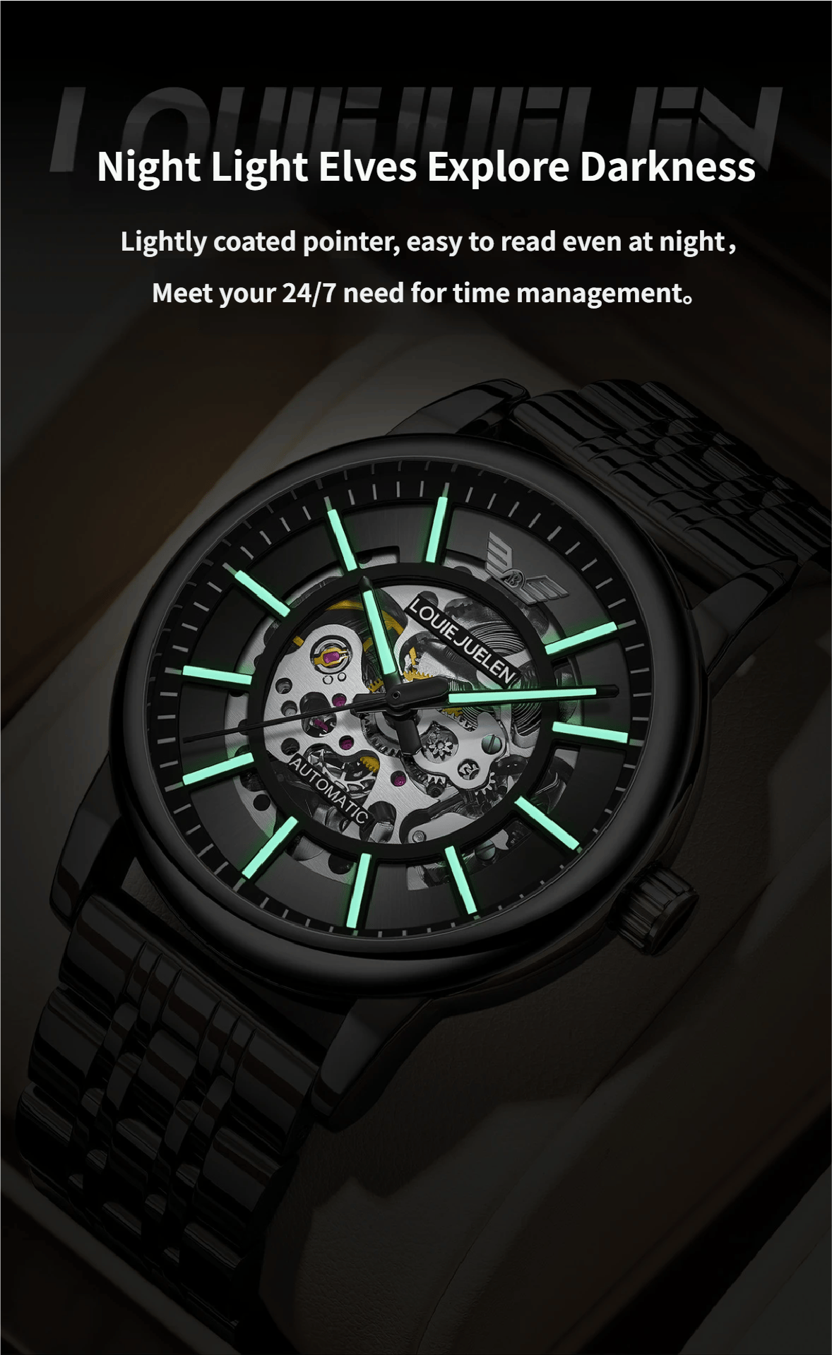 Men's Steel Strap Mechanical Watch with Skeletonised Movement and Luminescent Features