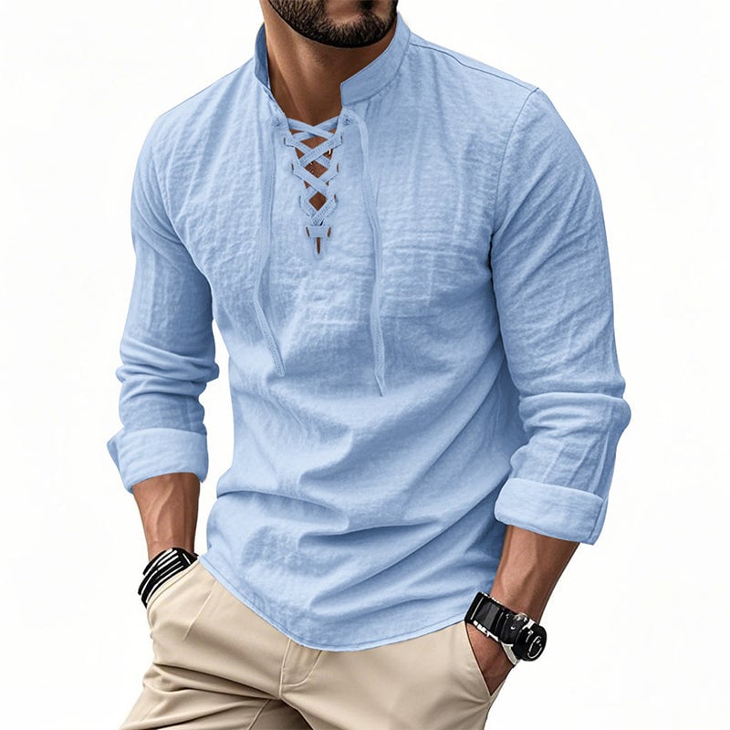 Men's Casual Drawstring Linen Shirt - Lightweight Breathable Long-Sleeve Design for Daily Wear & Vacation