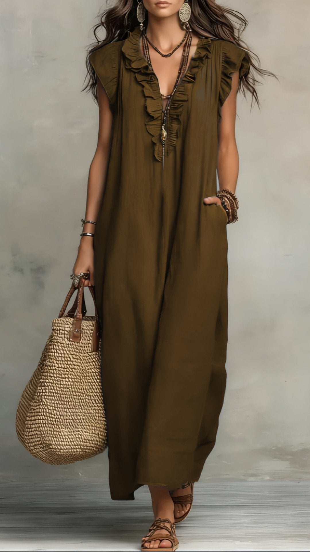 🌸 THE BOHO WANDERER MAXI: V‐NECK, RUFFLE HEM, SLEEVELESS – YOUR NEW HOLIDAY ESSENTIAL 🌸