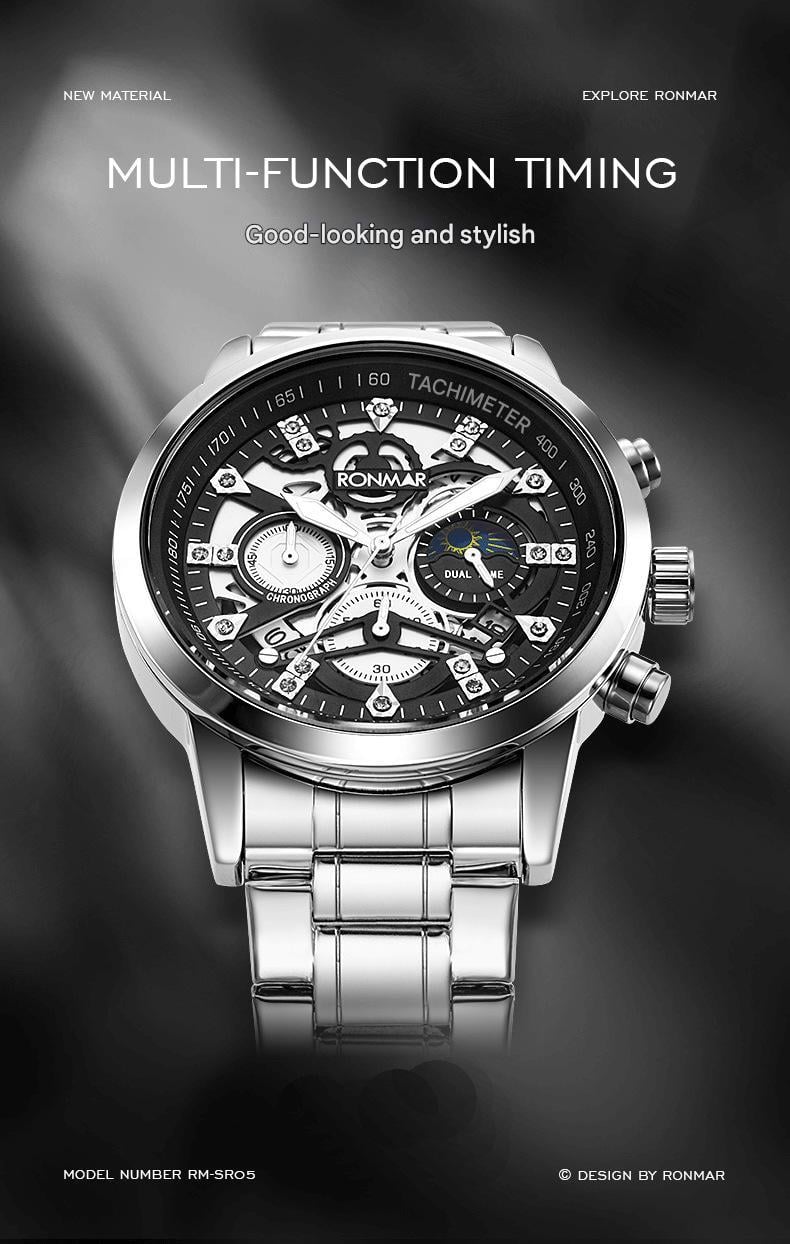 Men's Water-Resistant Stainless Steel Strap Quartz Watch with Three-Hand Dial