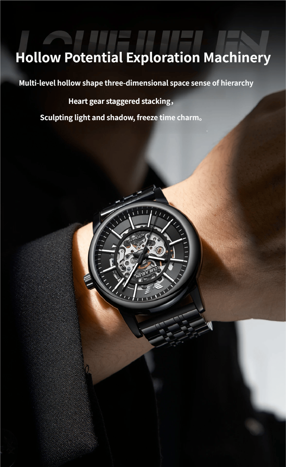 Men's Steel Strap Mechanical Watch with Skeletonised Movement and Luminescent Features