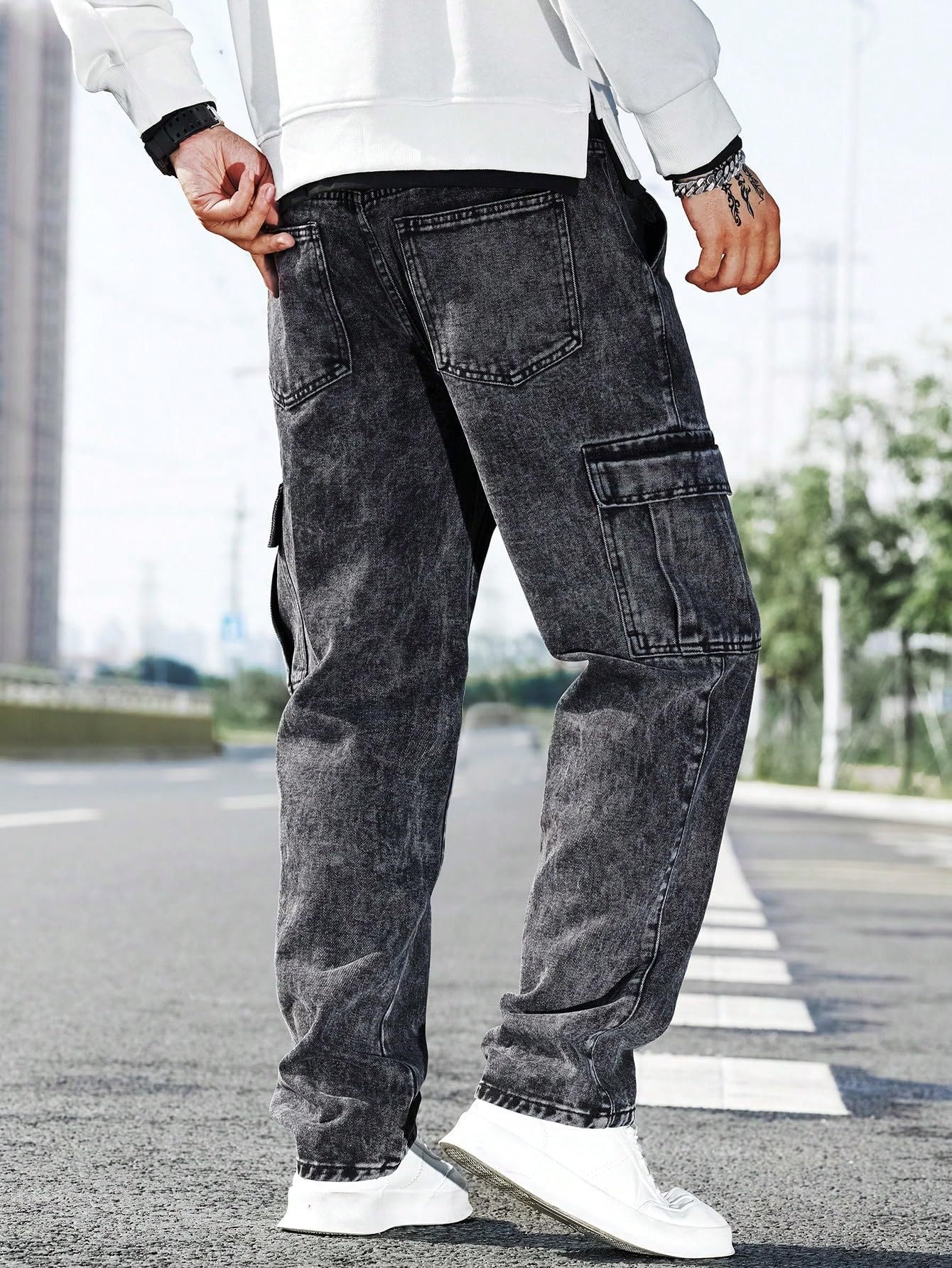Men's Loose Fit Cargo Jeans - Baggy Multi-Pocket Casual Denim Pants - Trendy Streetwear Hip Hop Style Trousers
