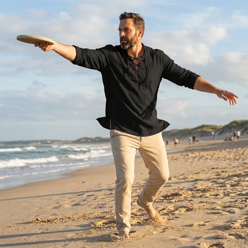 Men's Casual Drawstring Linen Shirt - Lightweight Breathable Long-Sleeve Design for Daily Wear & Vacation