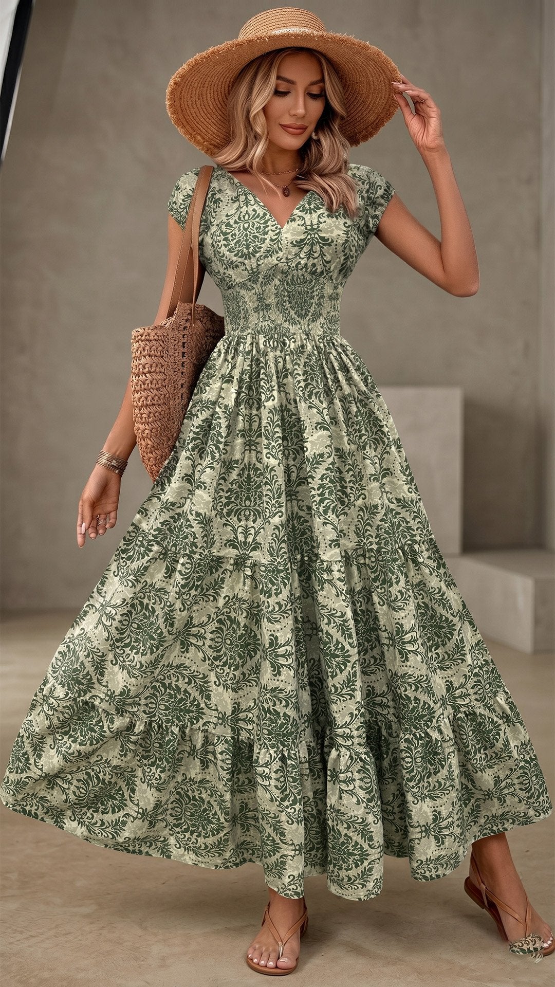 🌸 THE BOHEMIAN BLOOM MAXI: V-NECK, SHIRRED WAIST, ALL-OVER PRINT — YOUR SUMMER HOLIDAY DREAM DRESS 🌸