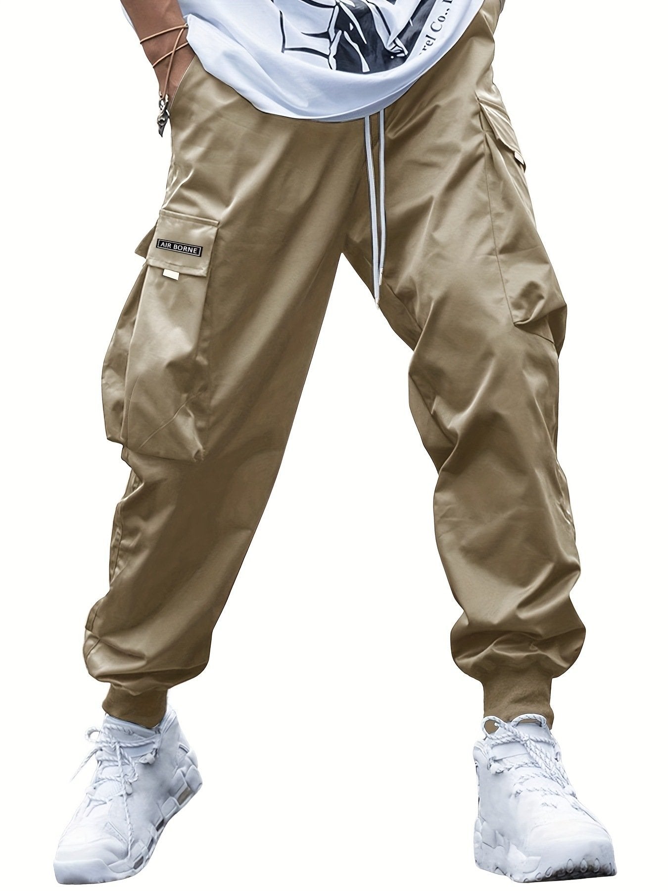 Men's Letter Patch Cargo Pants - Loose Fit Drawstring Elastic Waist Trousers with Slant Pockets, Summer Casual Streetwear
