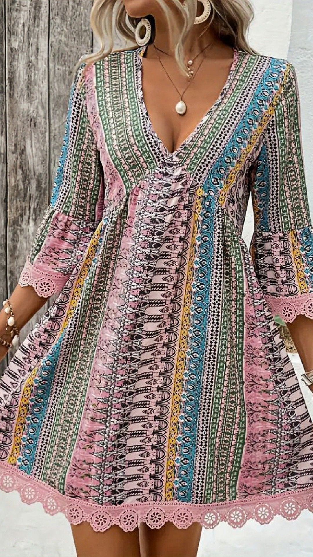 🌸 THE BOHEMIAN LACE TRIM DRESS: V‐NECK, LONG SLEEVES, ALL‐OVER PRINT — YOUR YEAR‐ROUND ESCAPE PIECE 🌸